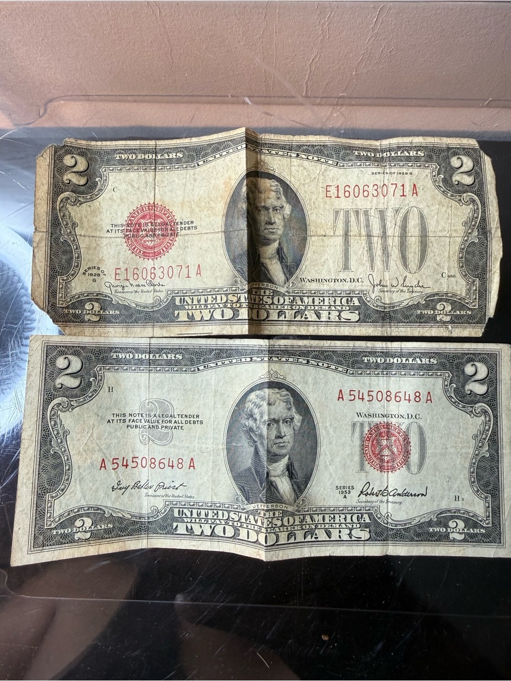 Vintage Two-Dollar Collector Bills - Red Seal - Brown/Beige